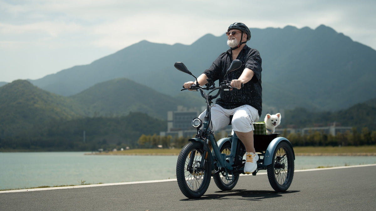 Homme âgé casqué sur un tricycle électrique bleu-vert avec panier et petit chien, sur une route au bord d’un lac