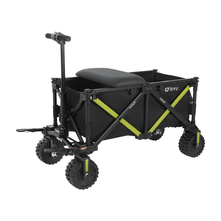 DYU CampX, chariot noir avec traverses vert citron, siège et poignée, vu de trois quarts