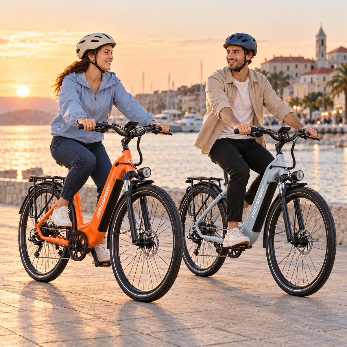 Deux personnes à vélo, sur un OneSport OT05 Max orange et un gris clair, sur un quai au coucher du soleil