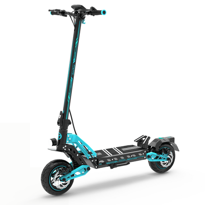 Trottinette électrique DriveTron DT10 vue de trois-quarts avant coloris bleu clair
