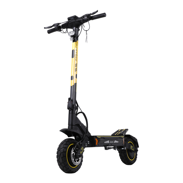 Wheely - H7 trottinette électrique vue de trois quarts avant avec une colonne de direction jaune et noire