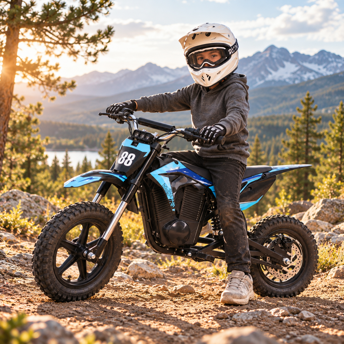 Wheely - Y3 avec un enfant casqué assis sur un sol rocailleux avec des montagnes en arrière-plan