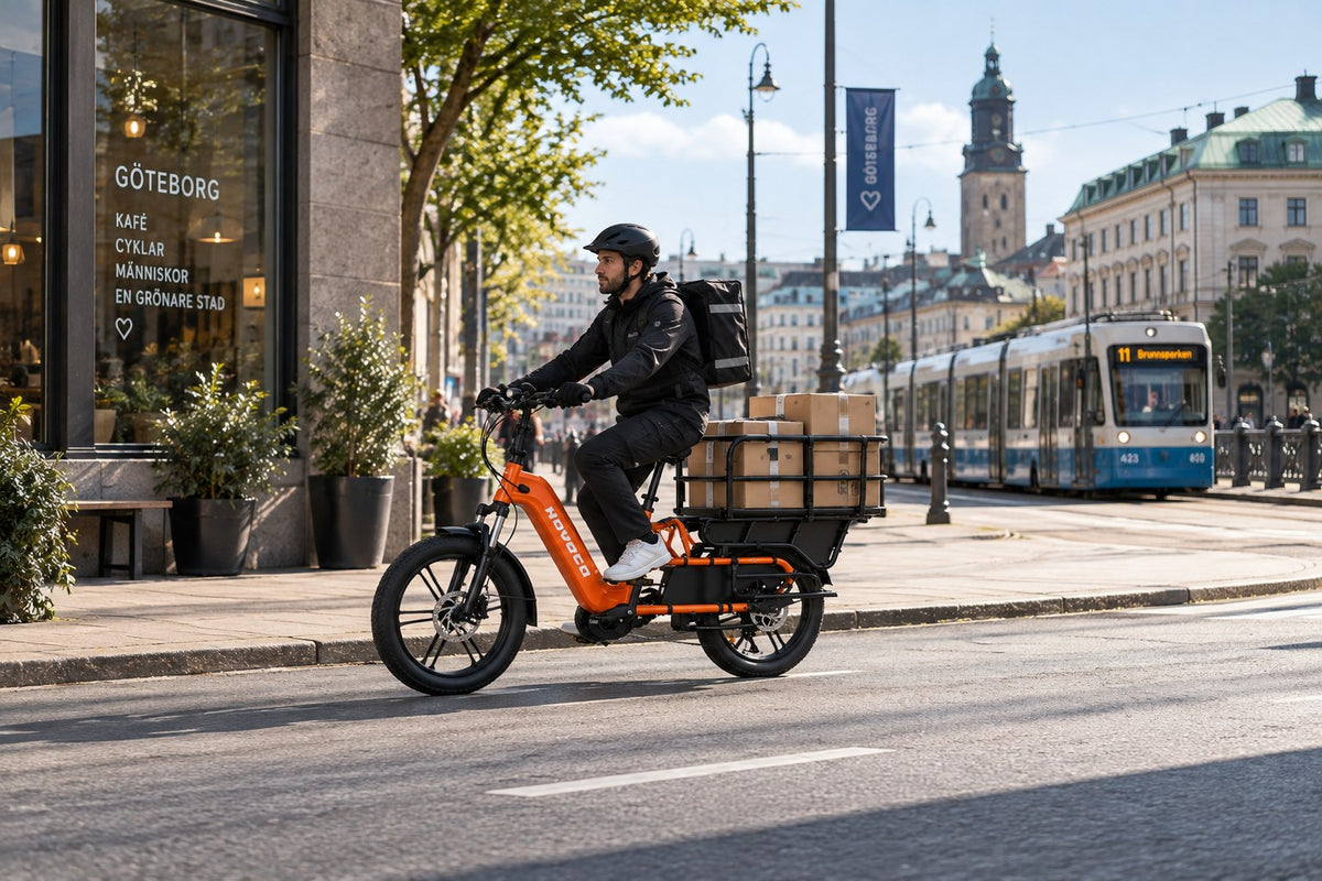 Coursier livrant des colis à vélo cargo électrique HOVSCO à Göteborg