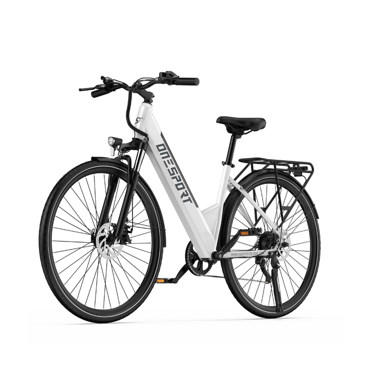 Vélo électrique OneSport OT12 vu de trois-quarts avant coloris blanc