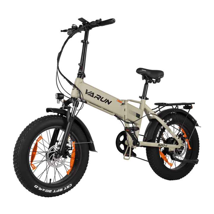 Vélo électrique pliant fat bike VARUN S20-1 vu de trois-quarts avant coloris beige