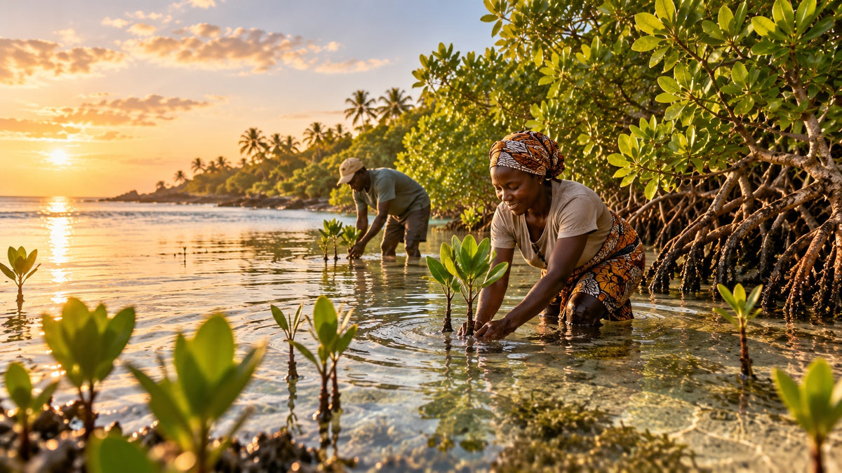 Planteurs locaux mettant en terre des plants de palétuvier dans l’eau peu profonde sur la côte du Kenya au coucher du soleil – un arbre par commande Wheelyshop