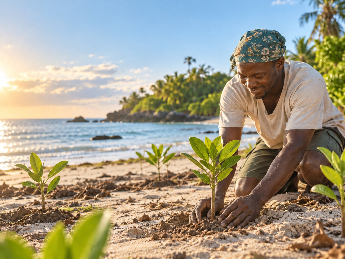 Planteur local mettant en terre un plant de palétuvier sur la côte du Kenya – un arbre par commande Wheelyshop