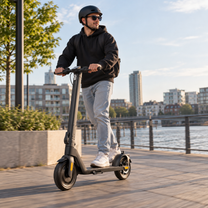 Homme roulant sur la trottinette électrique HX D01 sur une allée