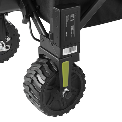 DYU CampX, gros plan sur la roue avec boîtier noir, étiquette et code-barres, et détail vert sur le support de roue
