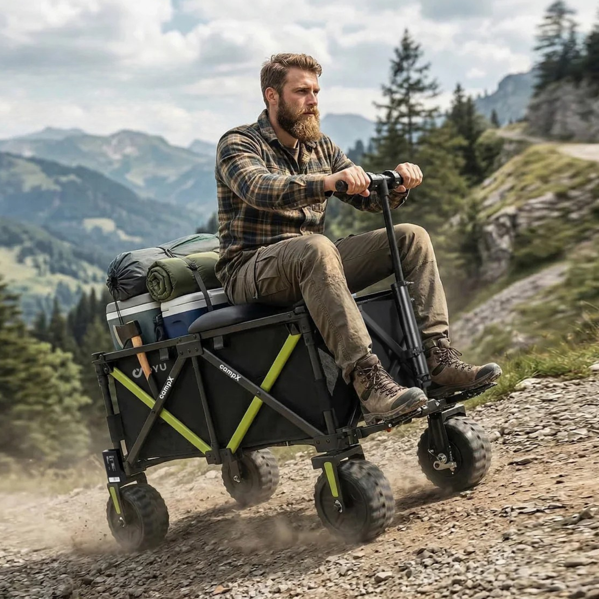 DYU CampX : un homme assis sur le chariot chargé sur un sentier de montagne caillouteux
