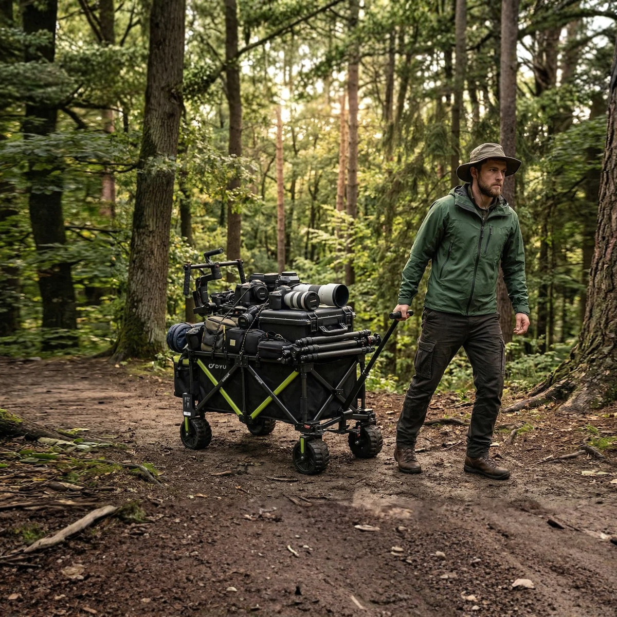 DYU CampX : un homme tire le chariot chargé de matériel photo sur un sentier forestier