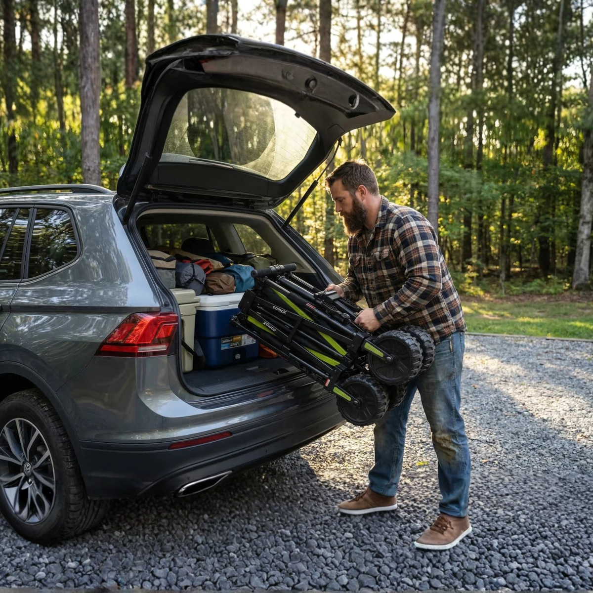 DYU CampX : chariot plié tenu devant le coffre ouvert d’une voiture