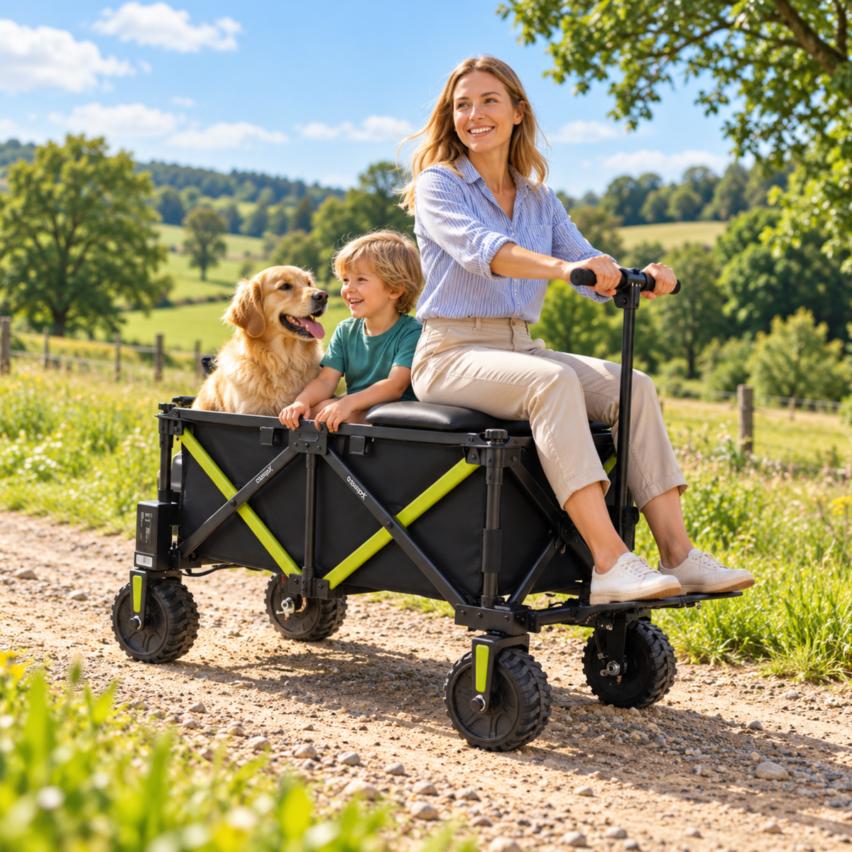 Chariot DYU CampX sur un chemin de gravier avec une femme assise sur le siège et un enfant et un chien dedans