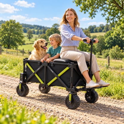 Chariot DYU CampX sur un chemin de gravier avec une femme assise sur le siège et un enfant et un chien dedans