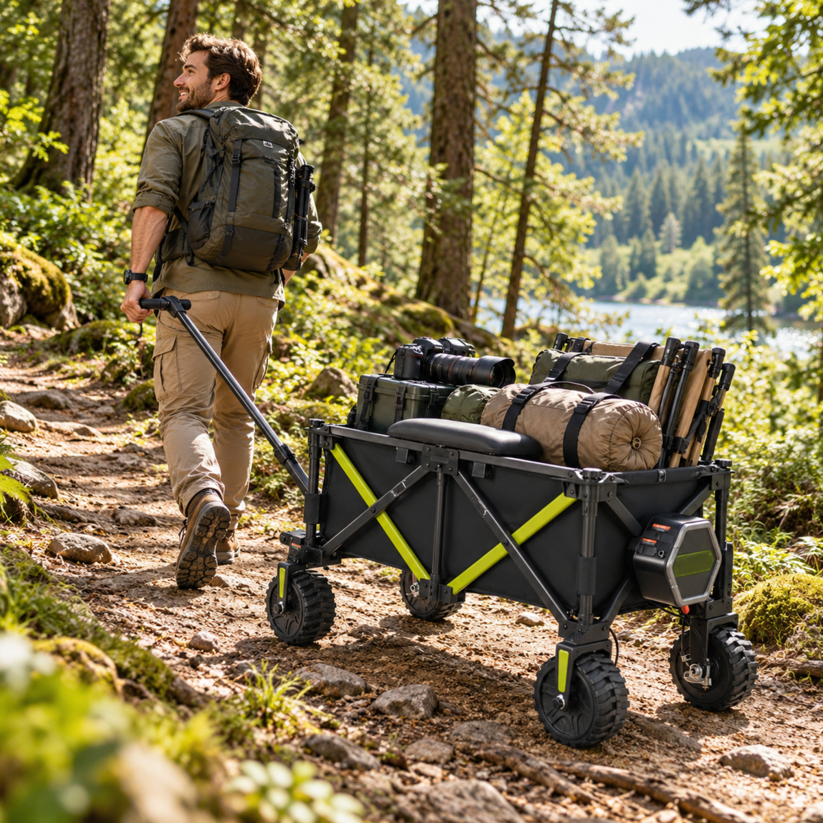 Un homme tire le chariot DYU CampX sur un sentier forestier, chargé de matériel de plein air