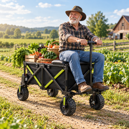 Un homme avec un chapeau assis sur le chariot DYU CampX près d’un champ de légumes, avec des légumes dessus