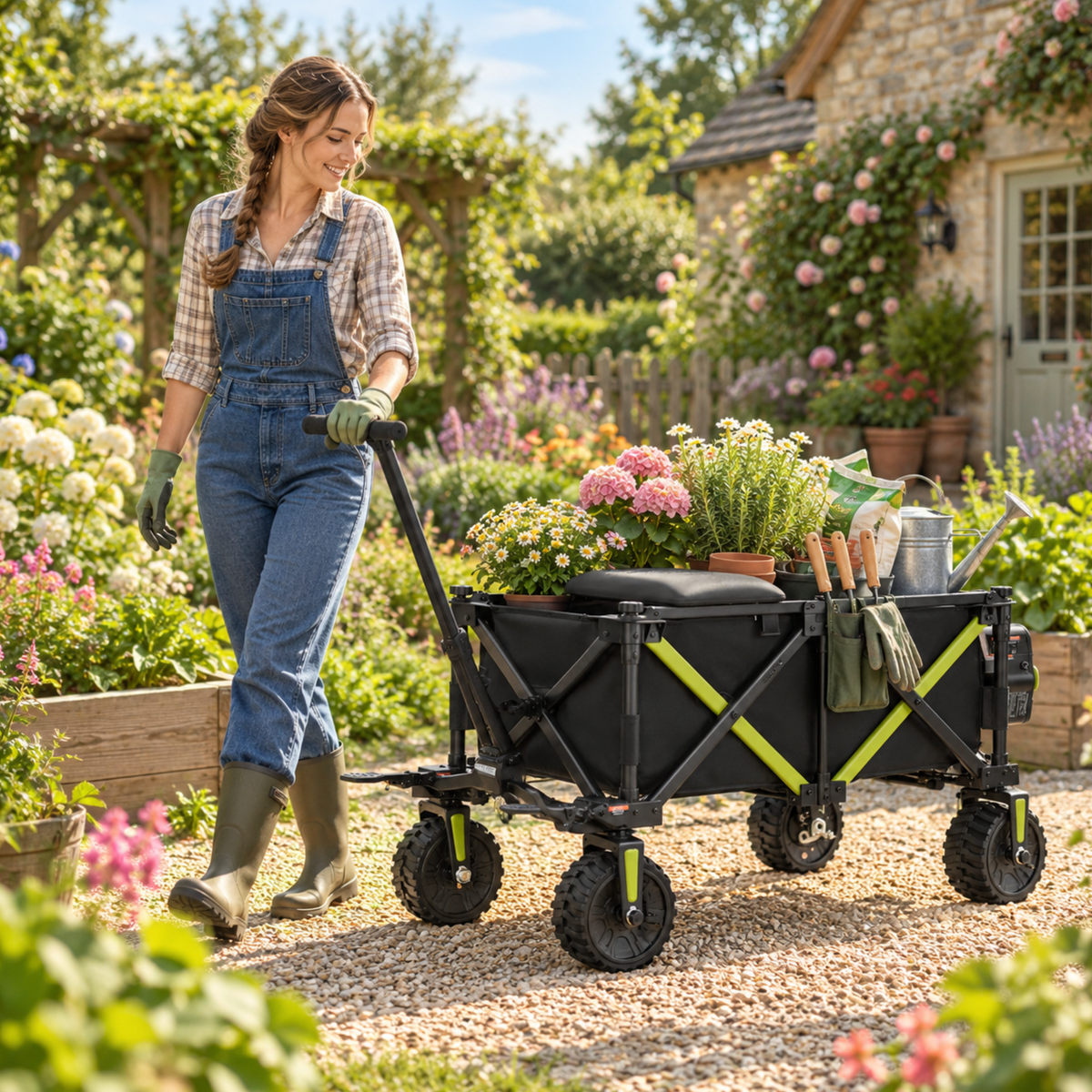 Chariot pliable noir DYU CampX avec détails verts tiré par une femme dans un jardin, chargé de fleurs et d’outils de jardin