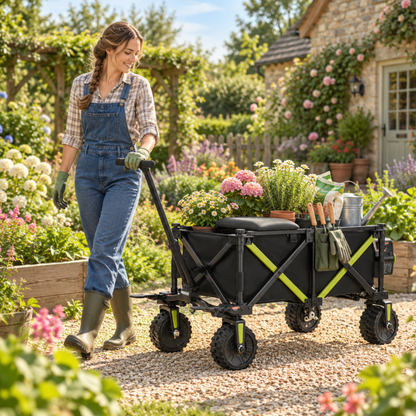 Chariot pliable noir DYU CampX avec détails verts tiré par une femme dans un jardin, chargé de fleurs et d’outils de jardin