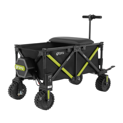 DYU CampX, chariot noir avec croisillons vert citron, siège, poignée et quatre roues à sculptures marquées