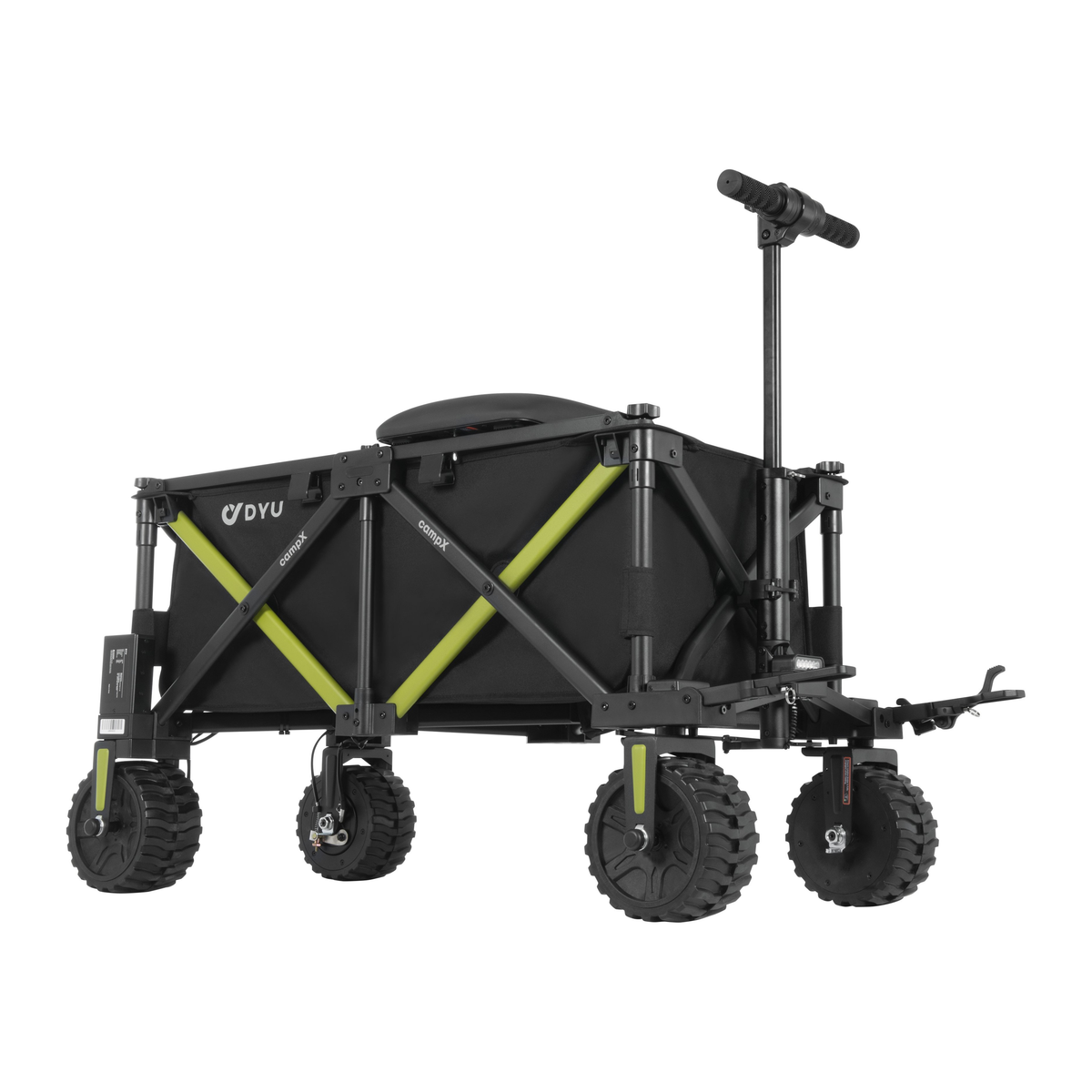 DYU CampX, chariot noir avec poignée relevée, croisillons vert citron et quatre roues à sculptures marquées