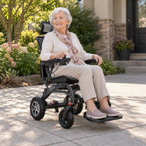 Femme âgée assise dans le fauteuil roulant électrique EASWE B10 dans un jardin