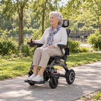 Femme âgée assise dans le fauteuil roulant électrique EASWE B10 dans un parc