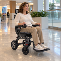 Femme assise dans le fauteuil roulant électrique EASWE B10 dans un centre commercial
