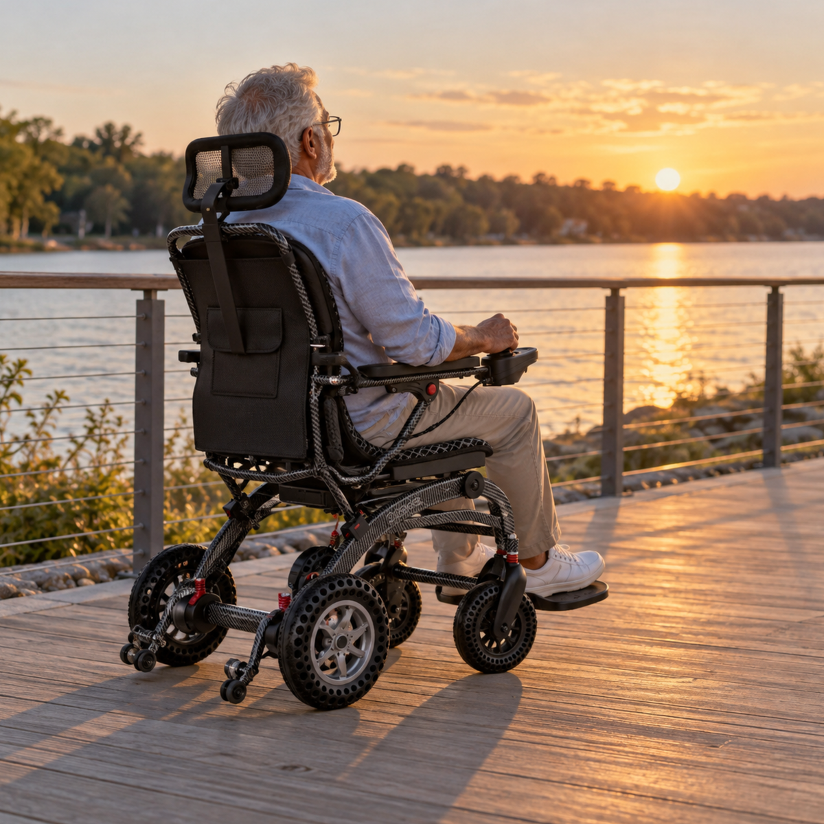 Homme âgé assis dans le fauteuil roulant électrique EASWE B10 au bord d'un lac au coucher du soleil