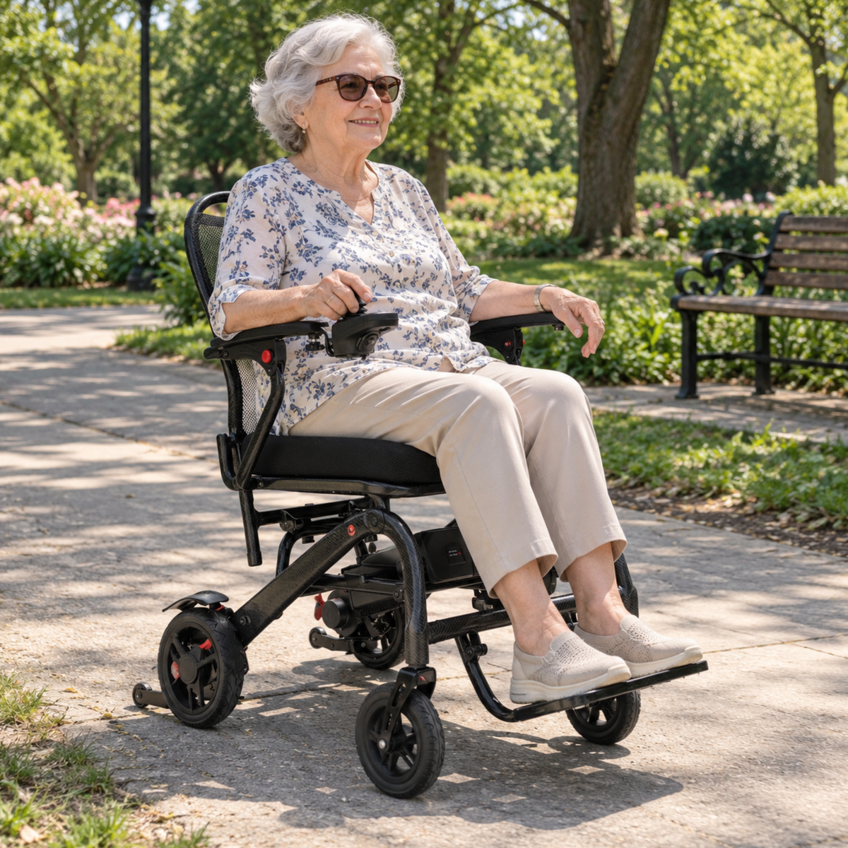 Femme âgée assise dans le fauteuil roulant électrique EASWE C20 dans un parc