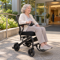 Femme âgée assise dans le fauteuil roulant électrique EASWE C20