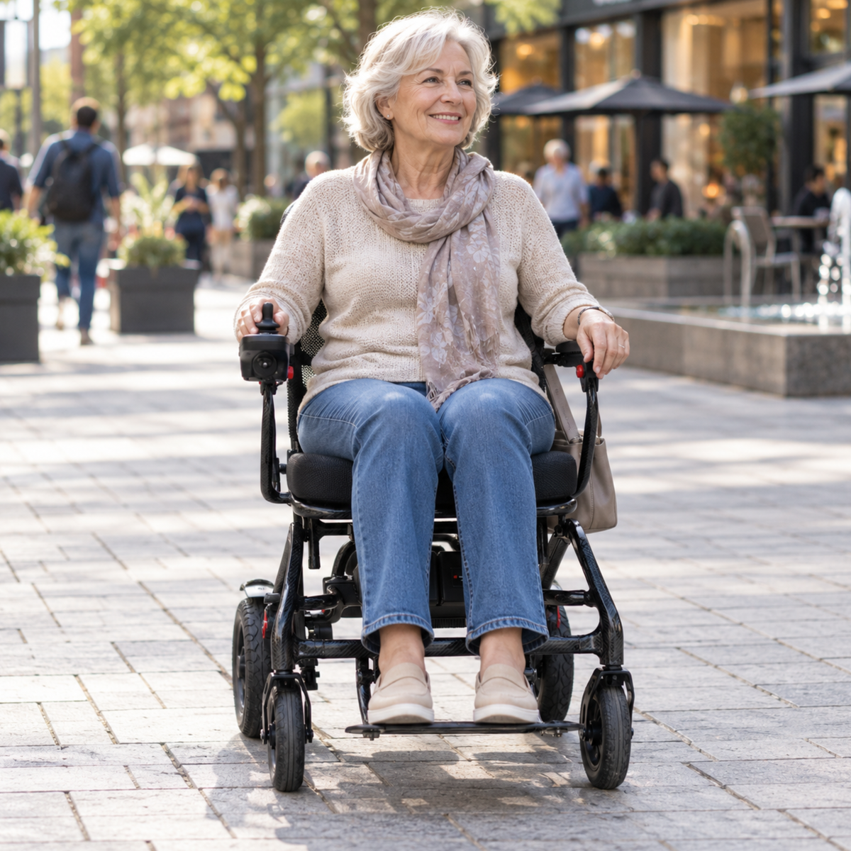 Femme âgée assise dans le fauteuil roulant électrique EASWE C20 en ville
