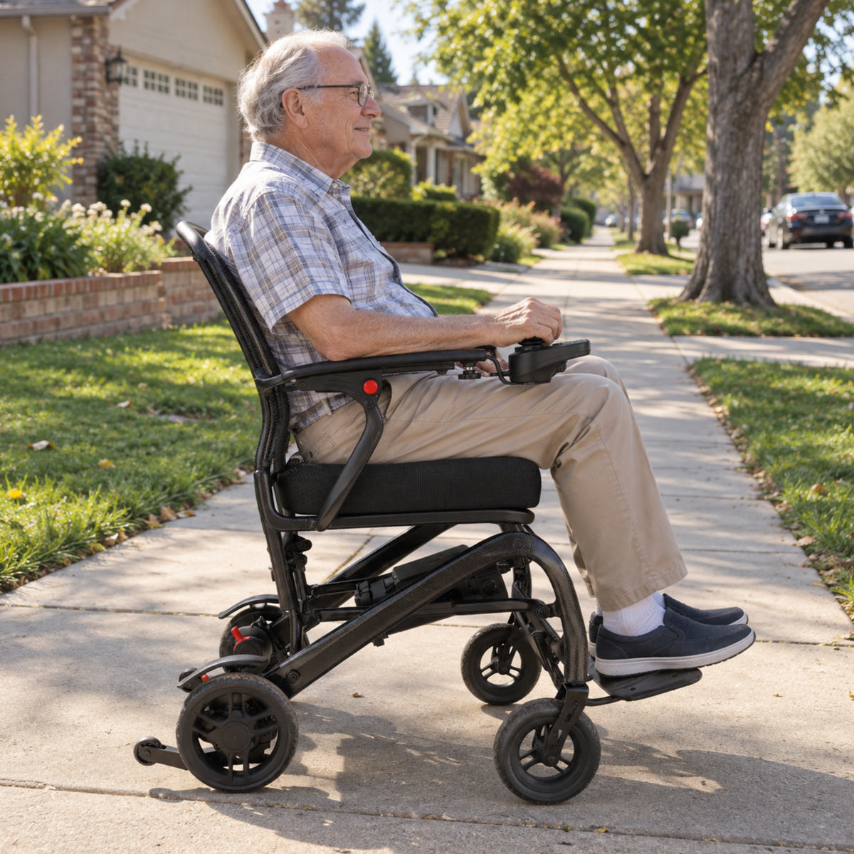 Homme âgé assis dans le fauteuil roulant électrique EASWE C20 dans un parc