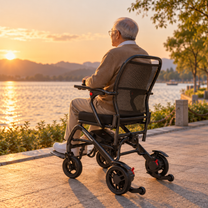 Homme âgé assis dans le fauteuil roulant électrique EASWE C20 au bord d'un lac au coucher du soleil