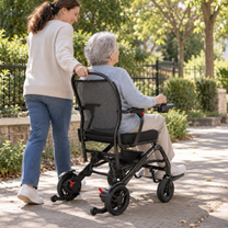 Femme poussant une personne âgée dans le fauteuil roulant électrique EASWE C20 dans un jardin