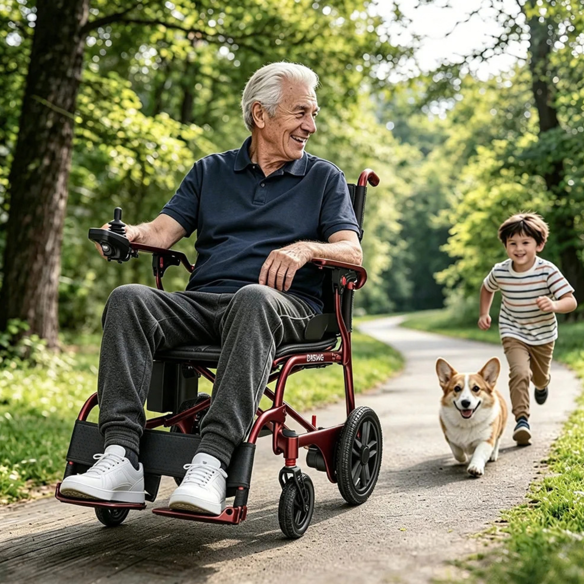 Homme âgé assis dans le fauteuil roulant électrique EASWE C30 avec un enfant et un chien dans un parc
