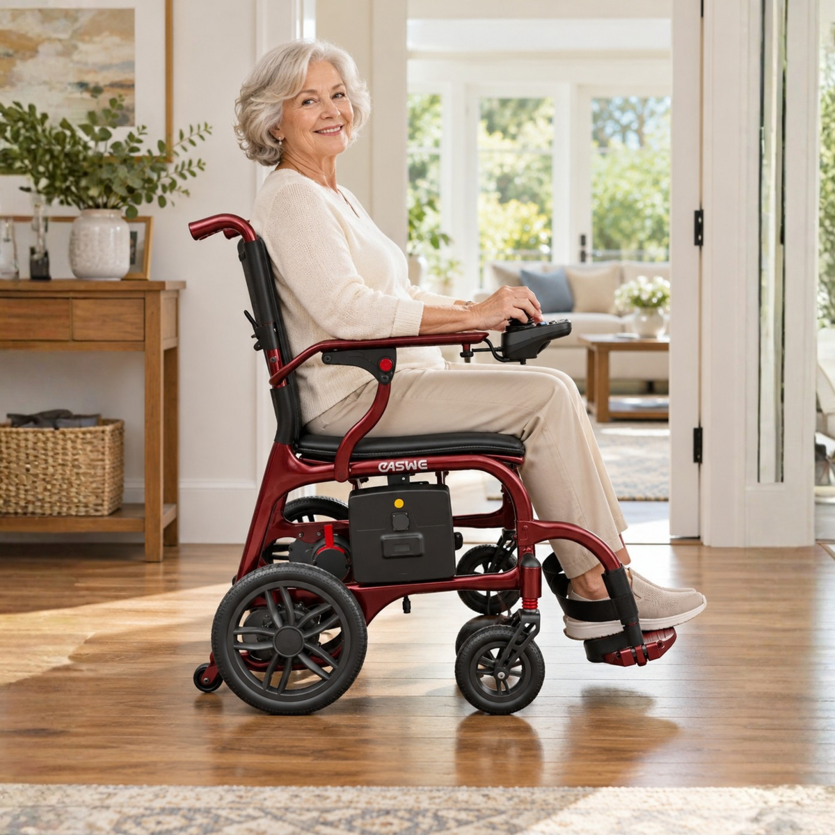 Femme âgée assise dans le fauteuil roulant électrique EASWE C30 en intérieur