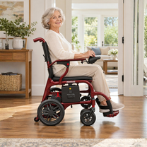 Femme âgée assise dans le fauteuil roulant électrique EASWE C30 en intérieur