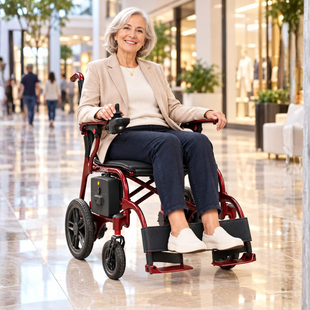Femme âgée assise dans le fauteuil roulant électrique EASWE C30 dans un centre commercial