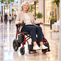 Femme âgée assise dans le fauteuil roulant électrique EASWE C30 dans un centre commercial