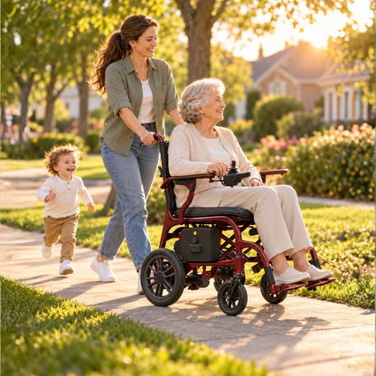 Femme poussant une personne âgée dans le fauteuil roulant électrique EASWE C30 avec un enfant dans un parc
