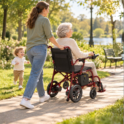 Femme poussant une personne âgée dans le fauteuil roulant électrique EASWE C30 avec un enfant sur une allée
