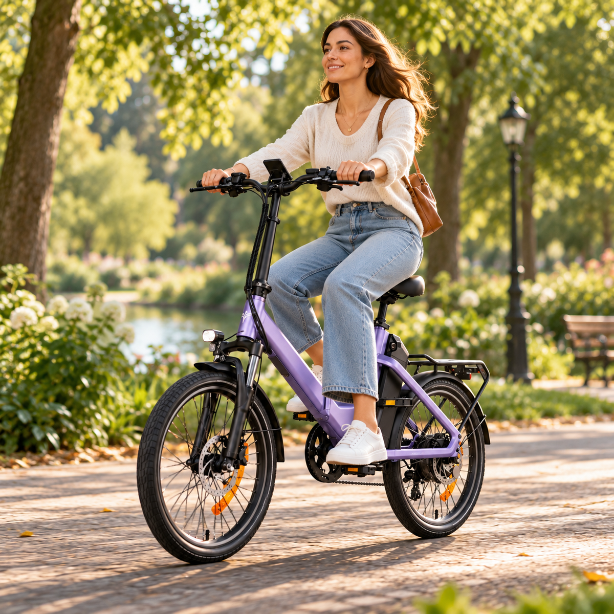 ENGWE O20 Boost, vélo électrique violet conduit par une femme sur une allée de parc, vu de profil