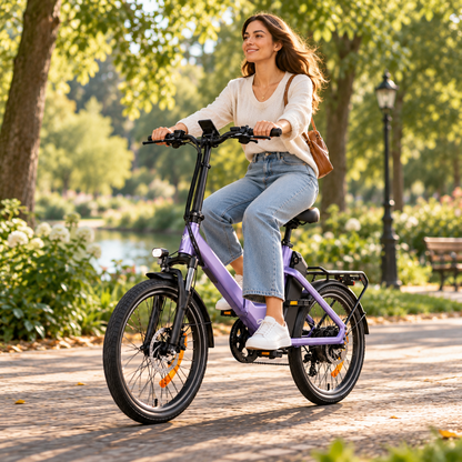 ENGWE O20 Boost, vélo électrique violet conduit par une femme sur une allée de parc, vu de profil