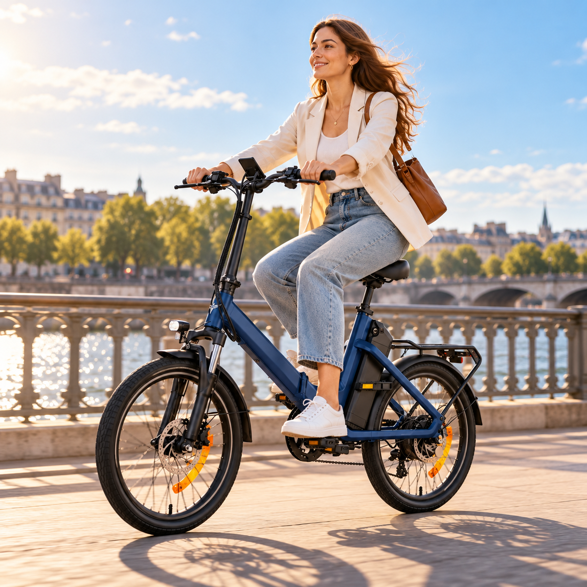 ENGWE O20 Boost, vélo électrique bleu, vu de profil avec une femme qui roule au bord d’une rivière