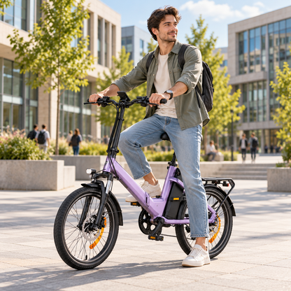 ENGWE O20 Boost, vélo électrique violet, vu de profil avec un homme assis sur le vélo sur une place