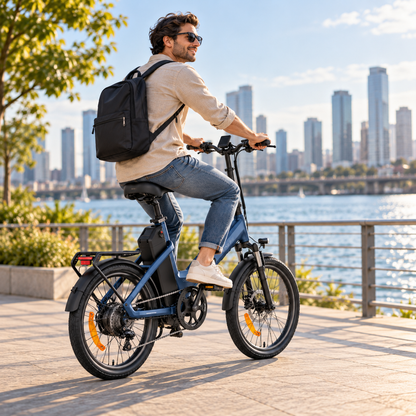 ENGWE O20 Boost : homme avec sac à dos roulant sur un vélo électrique bleu le long d’une promenade, avec la silhouette de la ville en arrière-plan