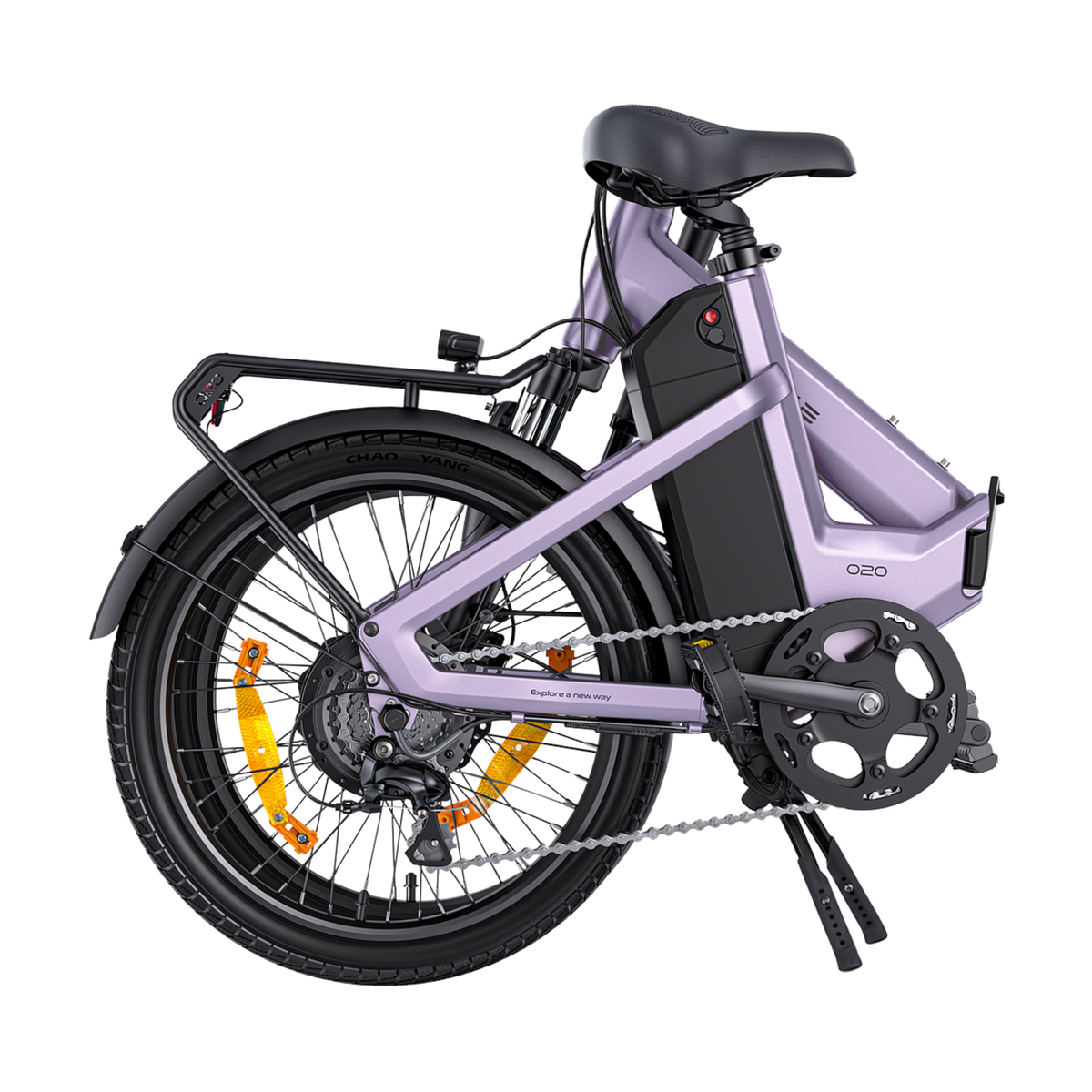 ENGWE O20 Boost violet, plié et vu de profil avec porte-bagages, batterie dans le cadre et catadioptres orange sur les roues