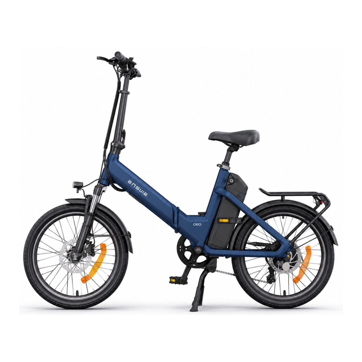 ENGWE O20 Boost vélo électrique, bleu, vu de profil avec batterie dans le cadre et porte-bagages