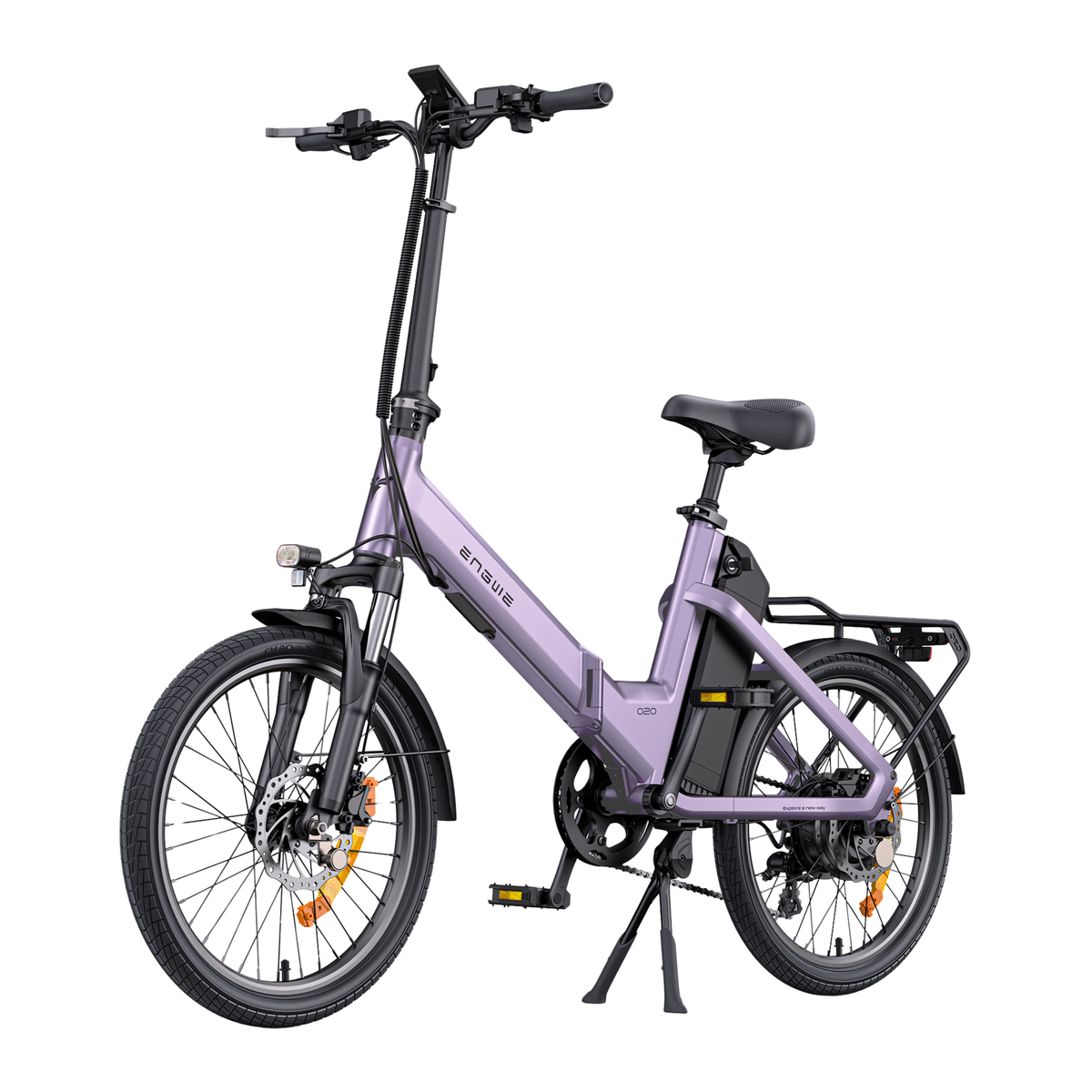 ENGWE O20 Boost vélo électrique violet, vélo entier vu de trois quarts avant avec porte-bagages et béquille