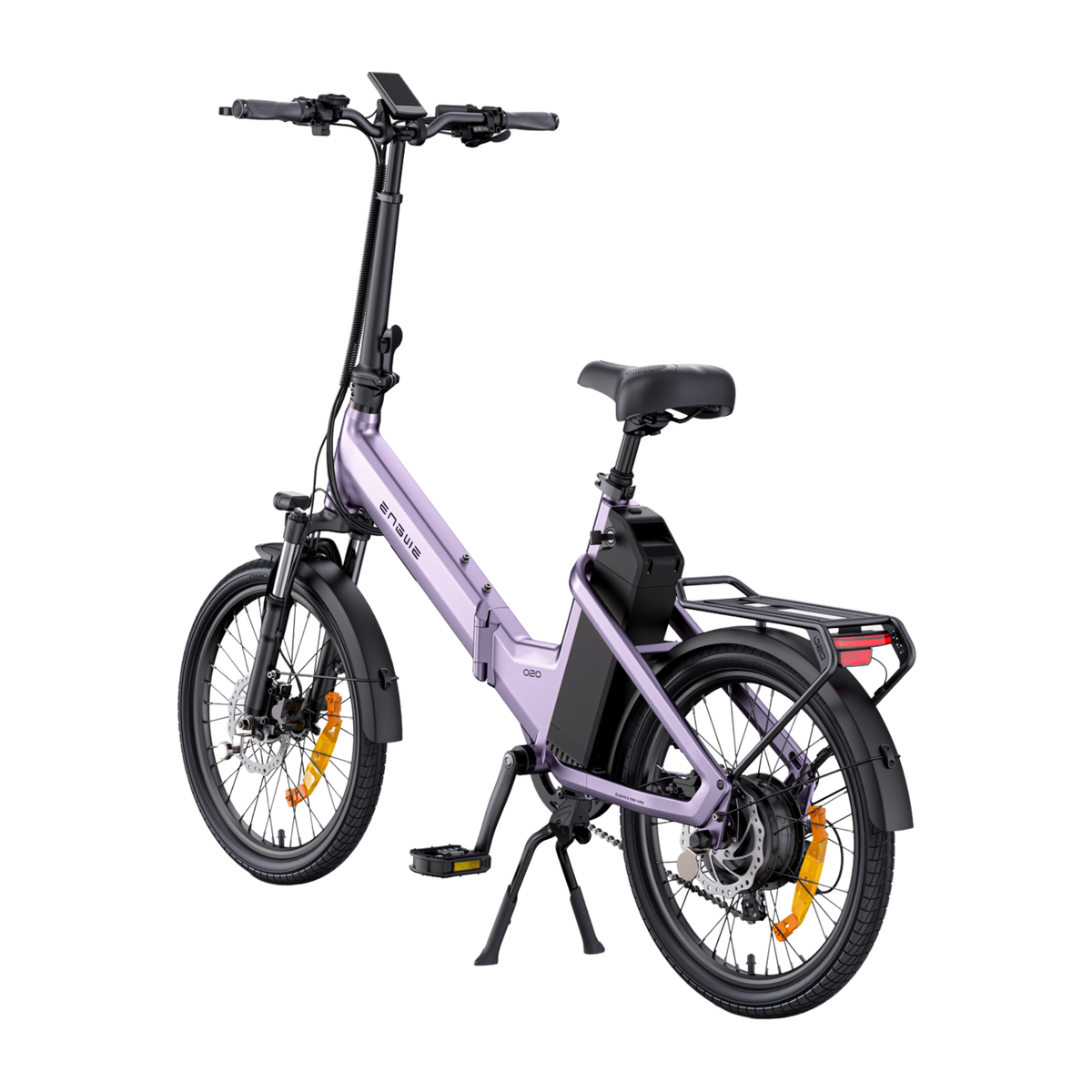 ENGWE O20 Boost vélo électrique violet vu de trois quarts arrière avec batterie, porte-bagages et béquille